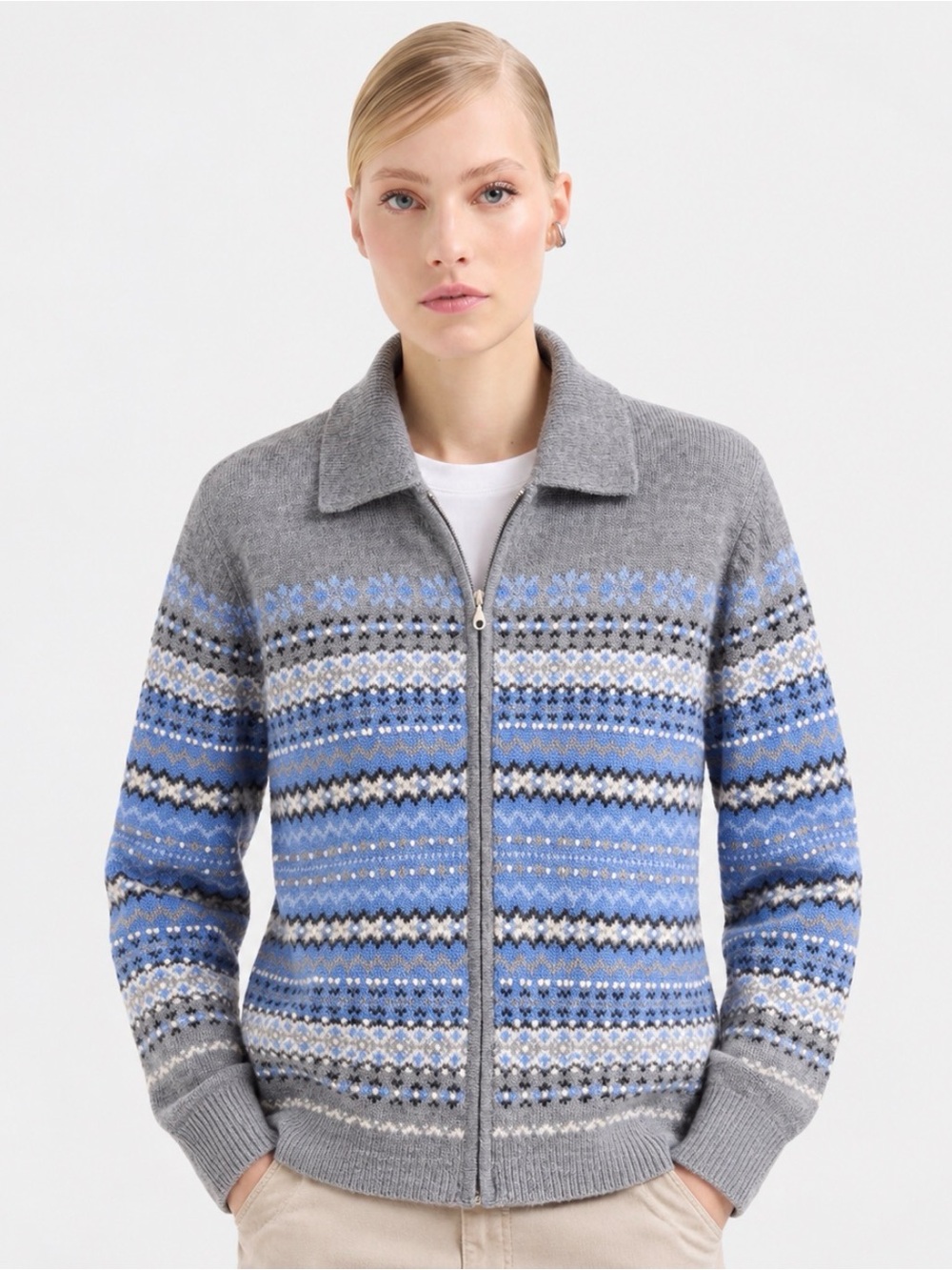 TALBOTS Women's M Cardigan Wool Angora Nordic Grandma Jumper Full Zip Gray Blue